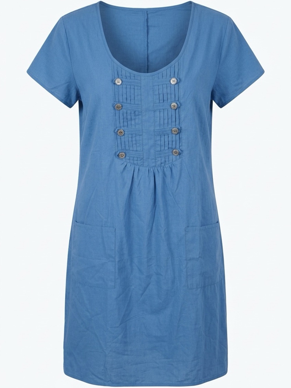 Blue Short-Sleeve Button Front Cotton Dress.